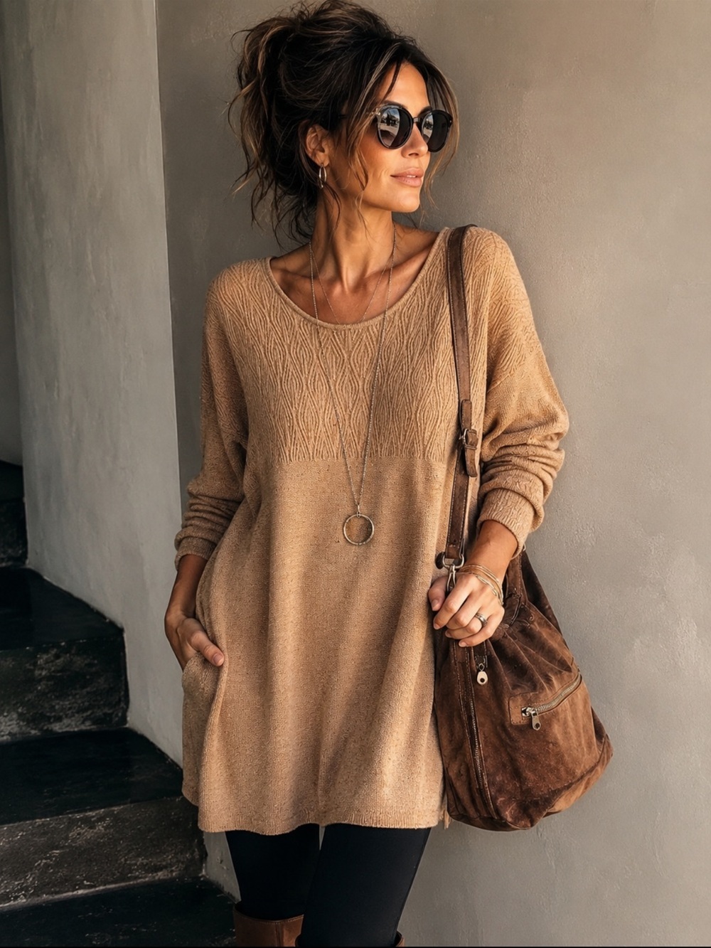 Talbots Plus 2X Camel Confetti Knit Sweater Tunic Long Sleeve Drop Shoulder